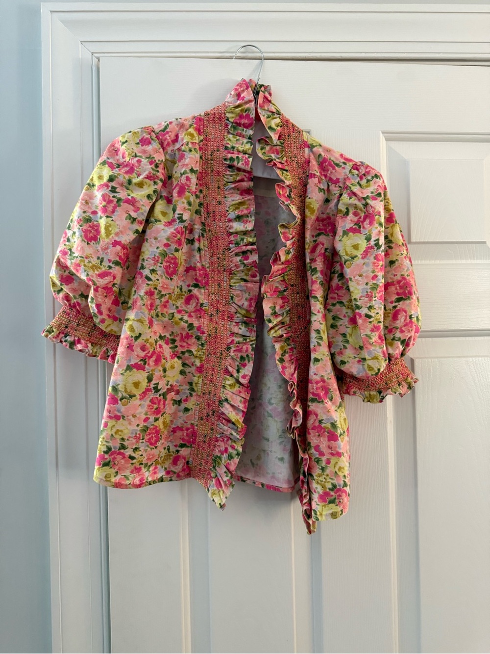 Floral Ruffle Puff-Sleeve Blouse - Pink Multi
